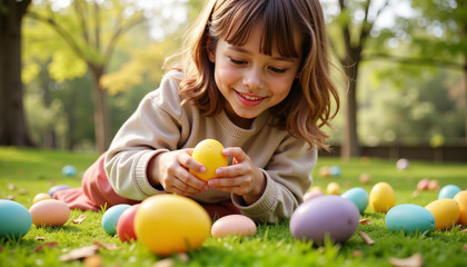 Joyful child discovering colorful Easter eggs in a garden, celebration