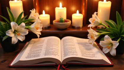 Serene church altar with open Holy Bible and lilies, peaceful reflection