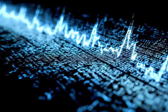 Visual representation of digital data analysis with striking blue waveform patterns displayed on a dark background