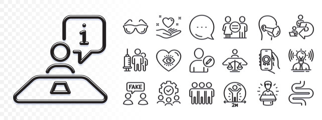 Award app, Brand and Medical mask line icons for web app. Glare of light effect. Message icon. Pack of Friendship, Intestine, Equality pictogram icons. Vector