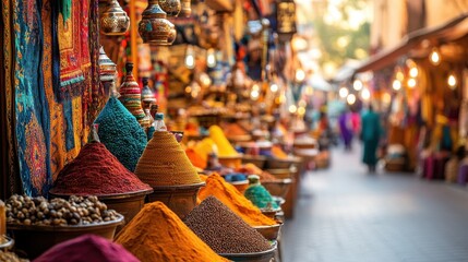 Obraz premium Vibrant street market with spices and textiles