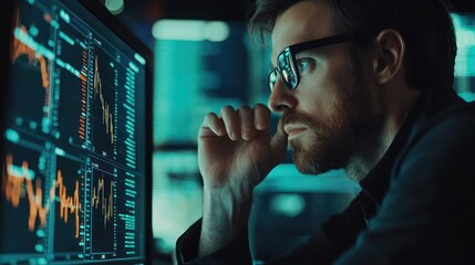 Investor analyzing stock market data, thinking financial risks while reviewing a computer screen