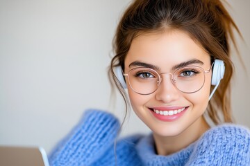 Teenager using earbuds to interact with AI while exploring online shopping platforms in a cozy indoor setting