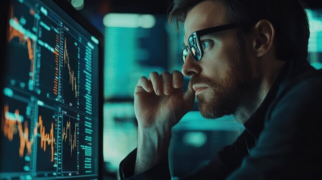 Investor analyzing stock market data, thinking financial risks while reviewing a computer screen