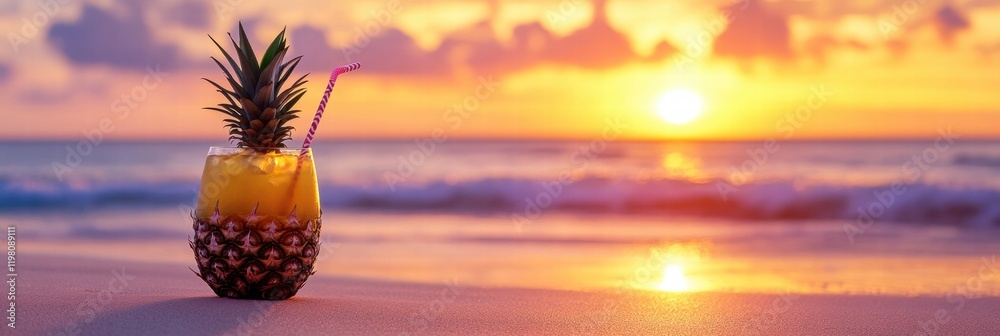 Poster enjoying a tropical pineapple drink during a beautiful sunset on the beach with ocean waves in the b