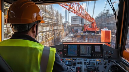 A crane operator in a reflective vest and helmet, working with crane controls and with a panoramic view of the construction site from the cab, Construction site scene