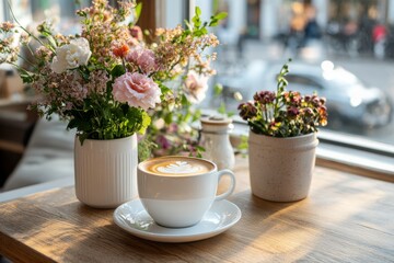 Enjoying a cozy coffee moment with fresh flowers and natural light in a charming cafe setting