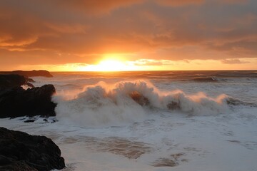 Fototapeta premium Stunning sunset over rocky coastline with crashing waves and dramatic clouds at ocean's edge