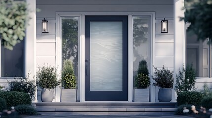 A front door with a frosted glass panel etched with a flowing river design 