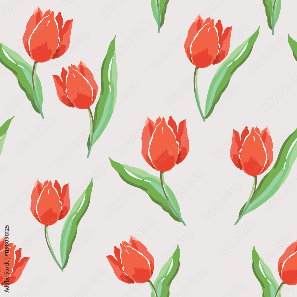 Wall mural Red tulip flowers, green leaves, light gray background. Floral illustration. Vector seamless pattern. Botanical design. Nature spring garden plants