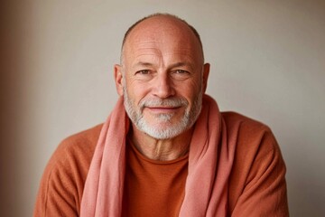 Obraz premium Smiling man with a beard wearing an orange sweater and pink scarf seated indoors at home