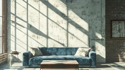 Obraz premium Blue sofa, pillows, windows, light shadows, concrete brick wall, urban loft. Use interior design