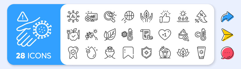 Vaccine protection, Medical analytics and Organic tested line icons. Interest rate, AI generate, Inflation icons. Pack of Medical shield, Celsius thermometer, Dental insurance icon. Vector © blankstock
