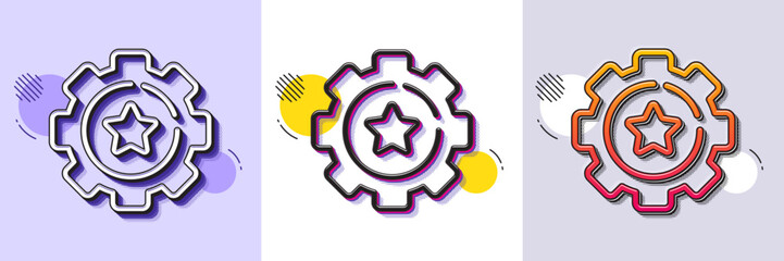 Settings gear line icon. Halftone dotted pattern. Gradient icon with grain shadow. Cogwheel with star sign. Working process symbol. Line settings gear icon. Various designs. Vector