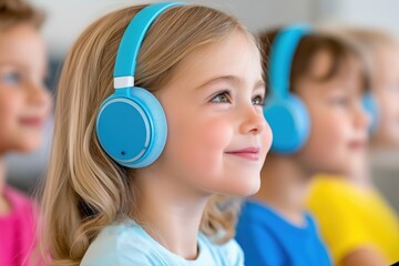 Students engaged in language learning using AI-based apps while wearing headphones and focused on their tablets in a bright classroom environment
