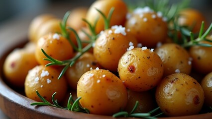 The image shows a wooden bowl filled with small, round, orange-colored tomatoes. The tomatoes are covered in a light-colored sauce and sprinkled with white salt and rosemary sprigs.