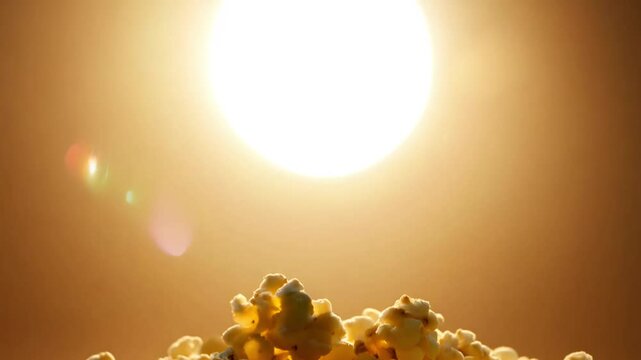 Tilt down from a silhouette of a popcorn kernel against a bright background to a full bowl below