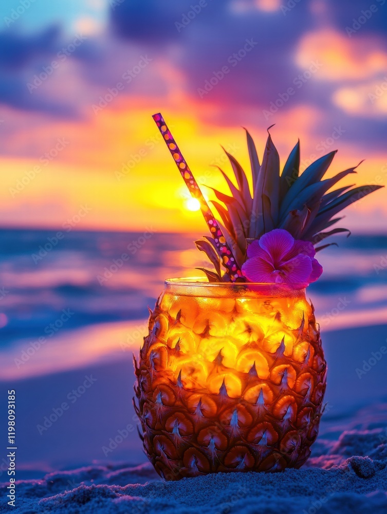 Poster refreshing tropical drink served in a carved pineapple at sunset on a beach with gentle waves and co