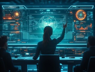 Businesswoman analyzing financial data on screen