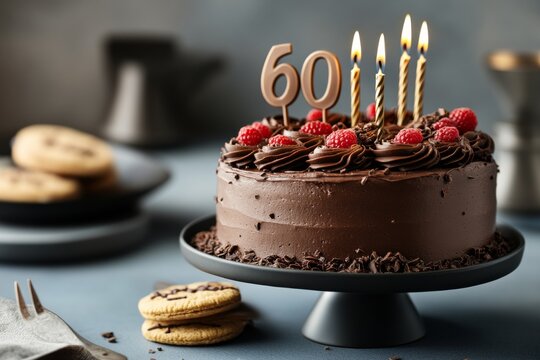 Chocolate cake with candles celebrating 60th birthday with cookies on a stylish table setting