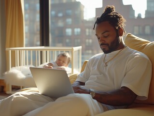 Father working from home with baby nearby