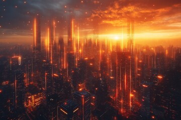 Fototapeta premium Futuristic cityscape with glowing data streams