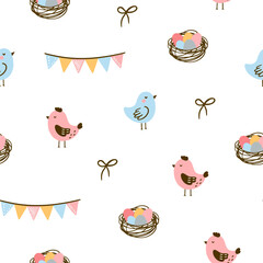 Easter pattern with different characters and other elements. Easter bunny, chicks, eggs and flowers, sheep, basket with eggs. Vector illustration.