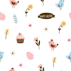 Easter pattern with different characters and other elements. Easter bunny, chicks, eggs and flowers, sheep, basket with eggs. Vector illustration.