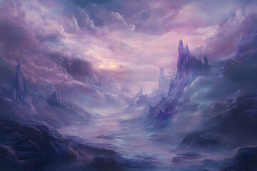 Fantasy landscape with soft purple clouds and a whimsical sky, creating an abstract magical backdrop for creative design