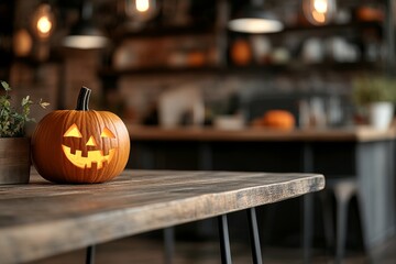 Festive pumpkin with carved face on rustic table in cozy autumn setting