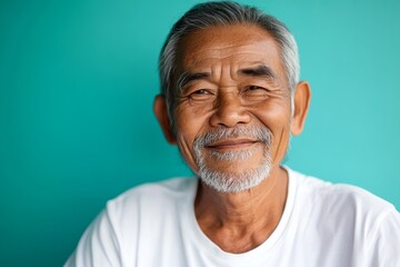 Obraz premium Smiling elderly man with gray hair posing against a vibrant turquoise background