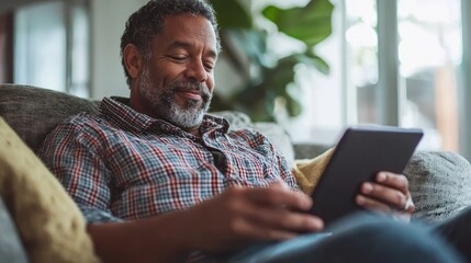 Mature Man Relaxing with Digital Tablet at Home
