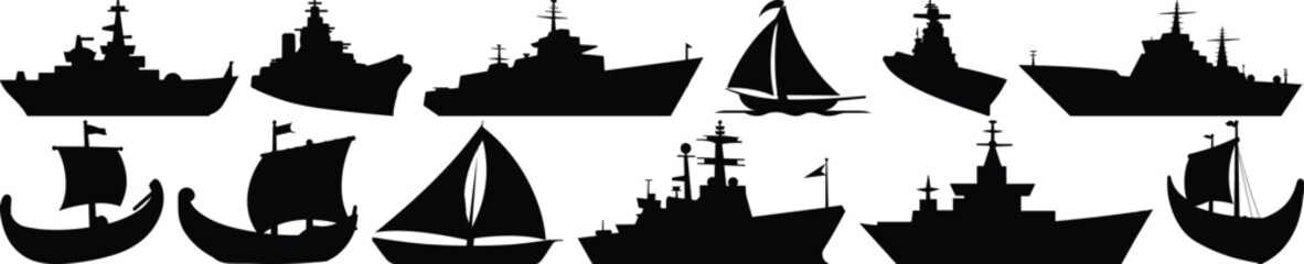 Ship silhouettes set, vessel pack of vector silhouette design, isolated background