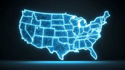Neon light map displaying the geographical layout of the United States with vibrant glowing outlines of individual states against a dark backdrop