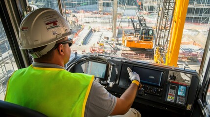 A crane operator in a safety vest and hard hat, sitting in the cab of a crane, with a panoramic view of the construction site below