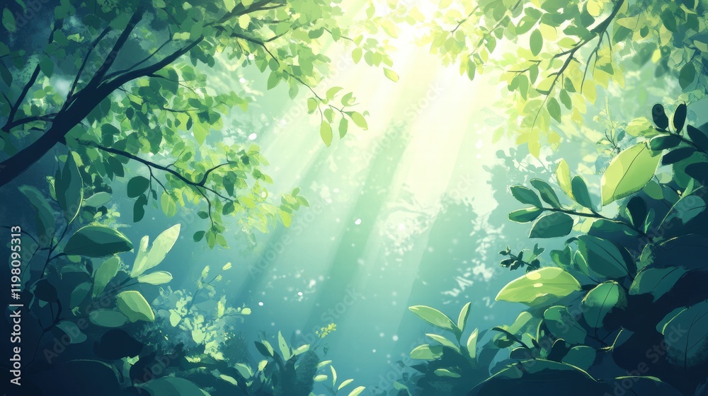 Poster sunlight filtering through leaves in a tranquil green forest during a peaceful afternoon. generative