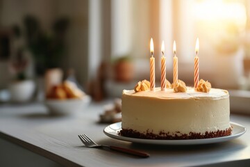 Celebration cake with candles on a table in a cozy room during afternoon light