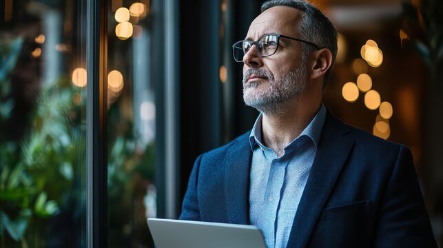 Middle-aged businessman looking out the window while holding a laptop, reflecting a thoughtful and strategic approach to his work