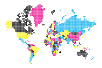 This political world map illustrates countries and regions using a grid pattern with various colors. Each color represents a different political entity or group across the globe.