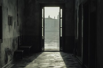 Open door revealing Venice Canal Grande and historical buildings