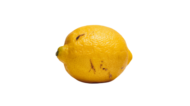 isolated lemon on a transparent background. The lemon is slightly tilted and has a few scratches