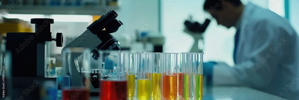 Aufkleber Laboratory filled with microscopes and colorful test tubes during scientific research activities. Generative AI