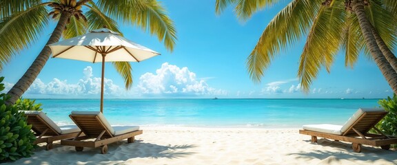 Tropical beach with white lounge chairs, umbrella, and palm trees overlooking calm turquoise ocean. travel promotion banner, beach resort advertising, summer vacation imagery, tropical escape marketi
