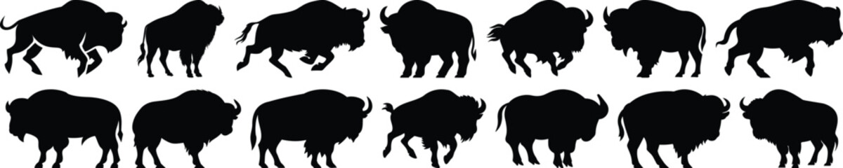 Bison silhouettes set, animal pack of vector silhouette design, isolated background
