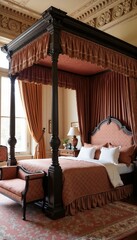Luxurious bedroom with a canopy bed, dark carved wooden posts, warm neutral bedding, ornate ceiling, and classic decor elements, creating an elegant, serene, timeless space.