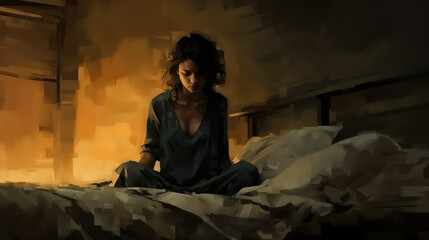 Woman Sitting in Dimly Lit Room with Melancholic Atmosphere. mental health awareness campaign, emotional portrait, lifestyle imagery, blog post header, calm and moody visuals, introspection, and perso