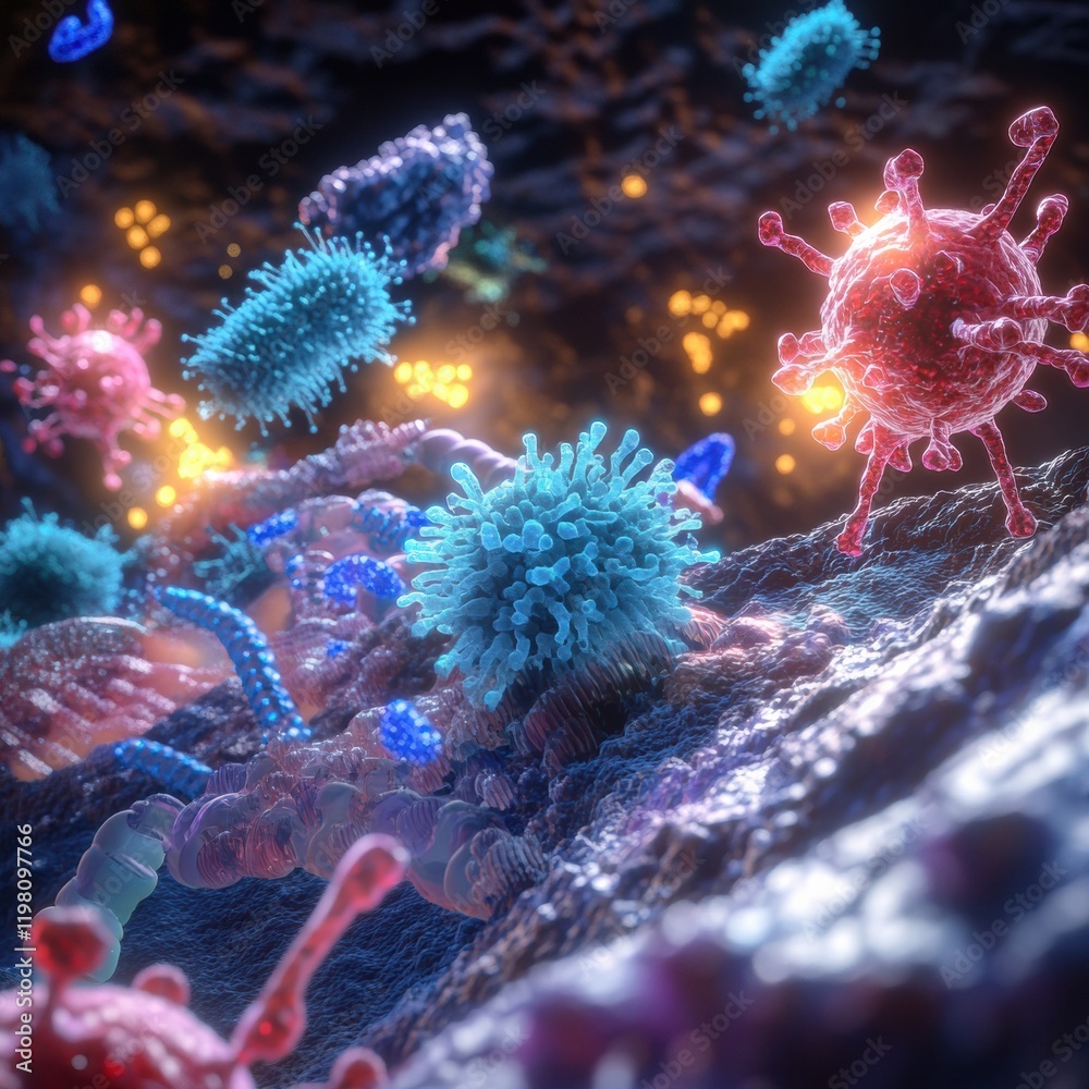 Fototapete Molecular interactions showcasing colorful microbes in a vibrant microbiome environment. Generative AI