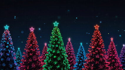 Christmas tree and flying ornaments on neon lights background