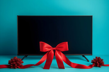 Flat-screen TV with a bold red ribbon ready for gifting on a minimalist background