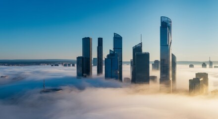 Foggy city skyline with a few clouds in the sky